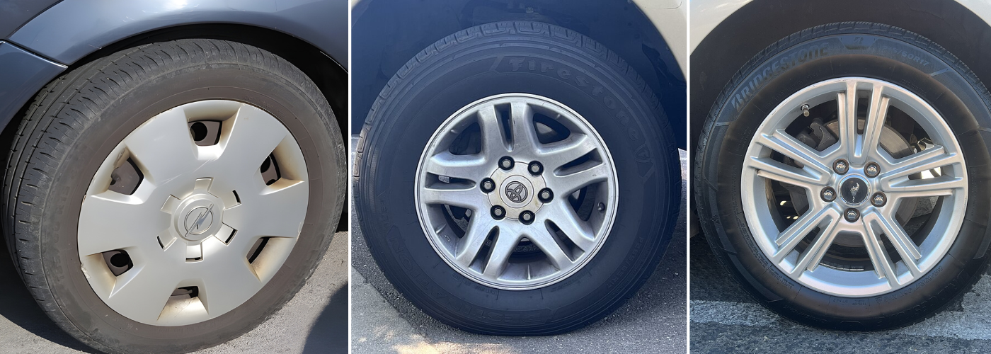 A picture of three tires across three tiers.