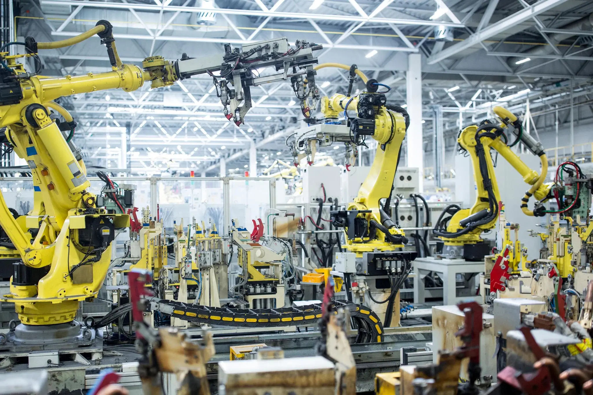 Industrial robots on a factory assembly line