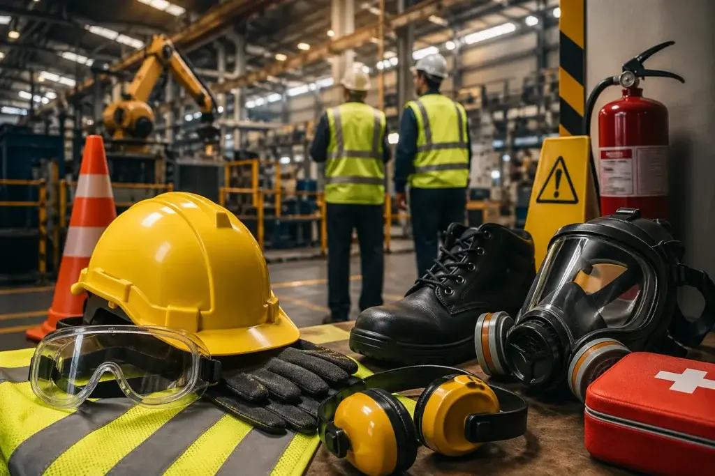 Industrial safety gear on a factory floor